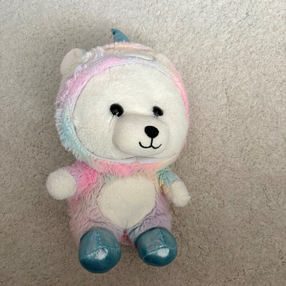 Kelly Toys Teddy Bear Unicorn Costume Plush Pastel Rainbow Metallic Blue 11 inch